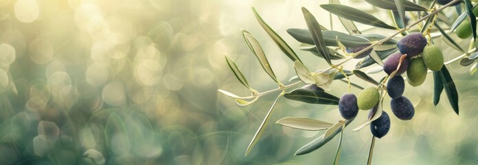 Wall Mural - Close-Up of Olive Branch with Green and Black Olives in a Bright Sunlit Garden. Concept of Nature, Agriculture, Mediterranean, Fresh Produce. Banner. Copy space