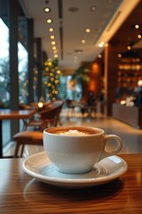 coffee cup with creative foam on a wooden table, lifestyle concept