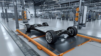 Wall Mural - Electric Vehicle Chassis On A Conveyor Belt In A Factory