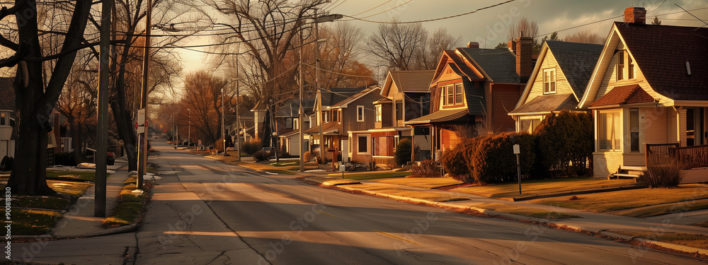 Quiet Rivers Street A quiet street showcases a charming row of cozy, well-kept homes at ...