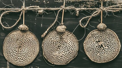 Canvas Print -   Three artworks dangle from a rope on a blackboard with a knot at the end of each one