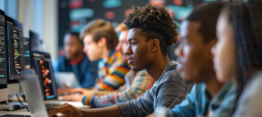 Wall Mural - data science students analyzing data sets in computer lab for educational purposes