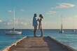 © ChaoticMind - A romantic scene of a couple standing on a dock, holding hands and facing each other as the sun sets. The ocean and sailboats in the background enhance the atmosphere.