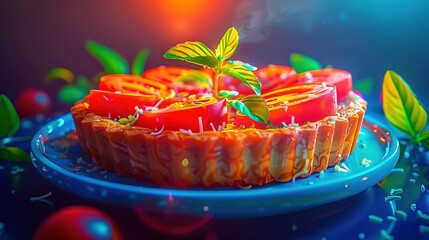 Poster -   A close-up plate of delicious tomatoes and fresh leaves on top