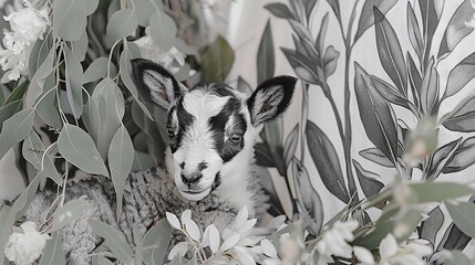 Wall Mural -   A monochrome image of a newborn lamb resting amidst a bouquet of flora and foliage, against a backdrop of textured wallpaper