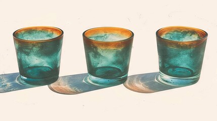 Canvas Print -   Three glasses sit together atop a metal stand on a white surface