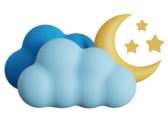 3d icon of clouds with crescent moon and stars on isolated transparent background. cloudy night 3d w