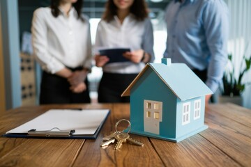 Creative mortgage concept with house, paperwork and keys on wooden office desktop. Businesspeople standing in the background.