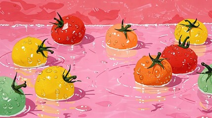 Sticker -   Painting of group tomatoes on pink surface with water drops