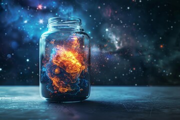 Wall Mural - Stunning conceptual image featuring a glass jar filled with a vibrant cosmic nebula set against a starry space backdrop