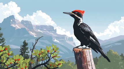 Poster -   A bird perched atop a wooden post amidst a lush forest of towering trees and majestic mountains