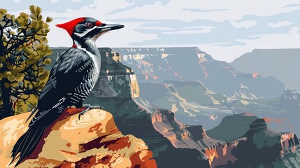 Poster -   A stunning depiction of a bird perched atop a rock, against the majestic backdrop of a mountain range, with a lush tree dominating the foreground