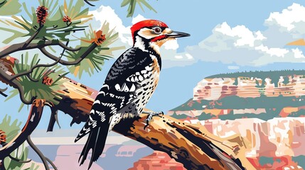 Poster -   A painting depicts a woodpecker perched on a tree limb in front of a cliff and azure sky