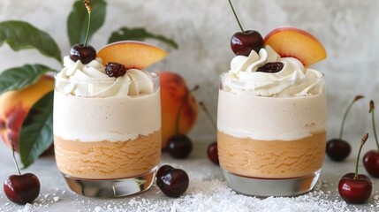 Sticker -  Two whipped-cream-topped desserts with cherries and cherry decorations surrounded by more cherries on a table