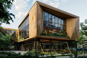 Poster - A stylish modern office building featuring wood and glass elements, located in a park setting that highlights a connection between contemporary architecture and nature.