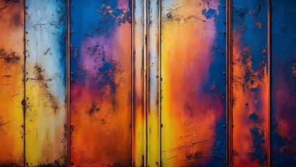 Canvas Print - Abstract patterns emerge from weathered metal surfaces showcasing rich hues and textures under natural light