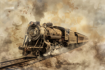 Vintage steam locomotive billowing steam as it chugs along a track