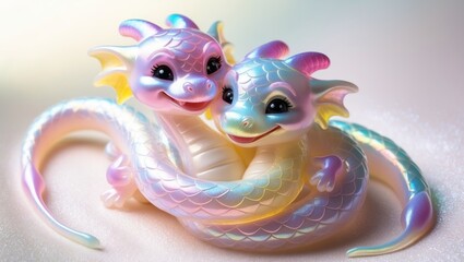 Two adorable twin dragons share a joyful embrace, showcasing vibrant textures and magical colors