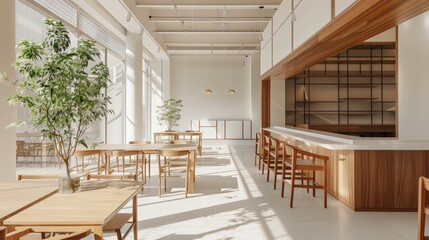 Aufkleber - A bright, modern dining area with minimalist design, featuring natural light, wooden furniture, and indoor plants, creating a warm and inviting atmosphere.