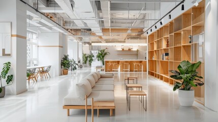 Aufkleber - A spacious, modern office with plenty of natural light, featuring wooden accents, greenery, and minimalist design, aimed at creating a productive work environment.