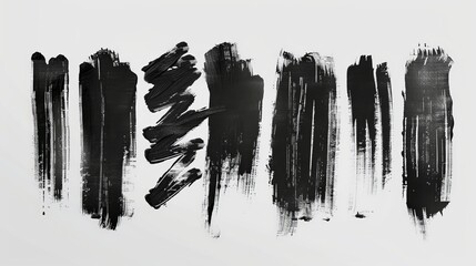 Fototapete - A series of black brush strokes displayed on a white background, showcasing different textures and patterns. This abstract piece represents freedom and creativity.