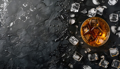 Wall Mural - Cold whiskey in a glass with crushed ice on a black stone wet background, top view