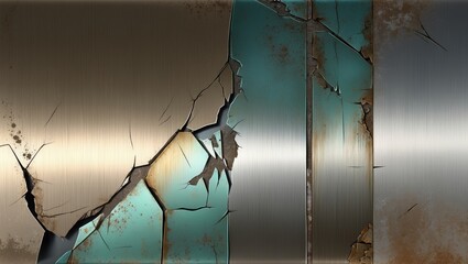 Wall Mural - Textures of cracked metal revealing a turquoise surface beneath, capturing an industrial aesthetic