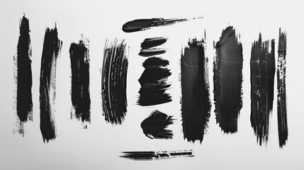 Aufkleber - This image consists of assorted black brushstrokes dispersed on a white surface, offering a variety of textures and forms that create a spontaneous and expressive composition.