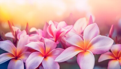 Panorama of blossoming Frangipani flower with color filter on soft pastel color in blur style for banner or cards background Spring landscape of pink Plumeria flower Bright colorful sp