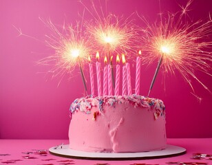 Pink birthday cake with many pink birthday candles and sparklers against a pink background with copy space