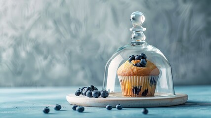 Blueberry muffin under glass dome on wooden plate with blue backdrop