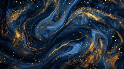 Aufkleber - A captivating abstract art piece that showcases dark swirling blue and gold hues, meticulously blended to create a modern and luxurious aesthetic, perfect for enhancing any space.