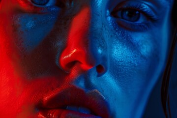 Sticker - Closeup of a woman's face with dramatic red and blue lighting, emphasizing mood and texture