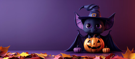 Wall Mural - 3d render of cute cartoon halloween character bat with jack-o'-lantern and witch hat isolated on purple background banner mockup design, copy space