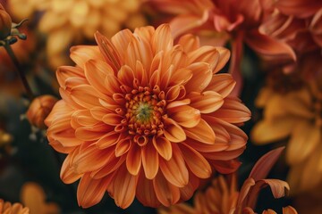 Poster - Closeup detailed vibrant orange chrysanthemum flower with lush foliage and warm background in a sunny garden