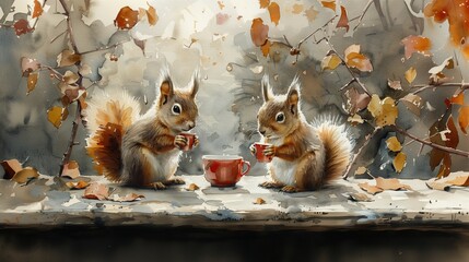 Wall Mural - Two squirrels have drink tea sitting on the table outdoors. Watercolor painting of lunch of animals couple