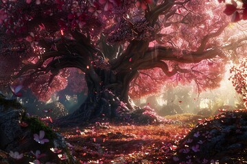 Wall Mural - Surreal landscape of an ancient tree amidst glowing blossoms and mystical fog