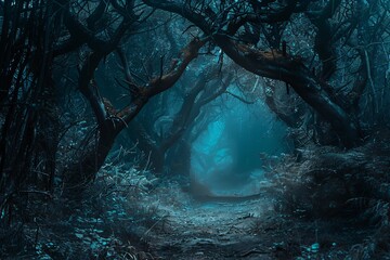 Wall Mural - The mysterious and enchanted twilight forest path with misty trees. Eerie atmosphere. And magical nature