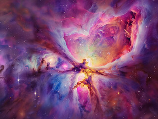Wall Mural - Orion Nebula Centered on Violet Background with Solar Flares: Cosmic Beauty Unveiled