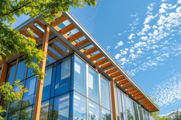 Aufkleber - A contemporary building featuring elegant wooden beams and large glass windows stands out against a bright blue sky, epitomizing modern architectural design and a connection to nature.