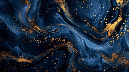 Poster - This abstract artwork showcases swirling patterns in blue and gold, resembling marble with fluid and dynamic motion, creating an eye-catching visual effect.