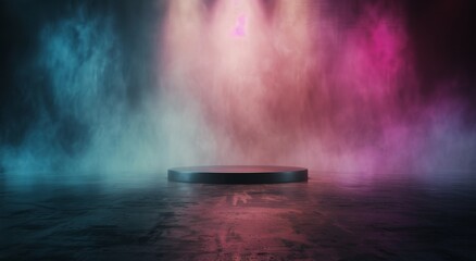 Sticker - Black Cylinder On A Foggy Stage With Pink And Blue Lighting