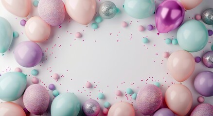 Wall Mural - Pastel Balloons and Confetti on White Background