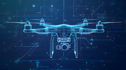 futuristic drone wireframe blueprint, technological innovation, aerospace engineering, 3D modeling, precision design, digital construct, unique perspective, copy space available