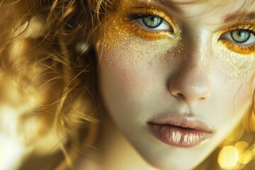 Sticker - Closeup portrait of a woman with sparkling golden makeup and mesmerizing blue eyes