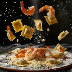 Sticker - Close-up of shrimp and ravioli pasta dish with ingredients floating. Dynamic food photography showcases culinary art in action. Ideal for food blogs, restaurant ads, and recipe books. AI