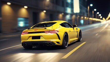 Wall Mural - Close up rear view of yellow sports car driving at high speed on asphalt road in city at night.