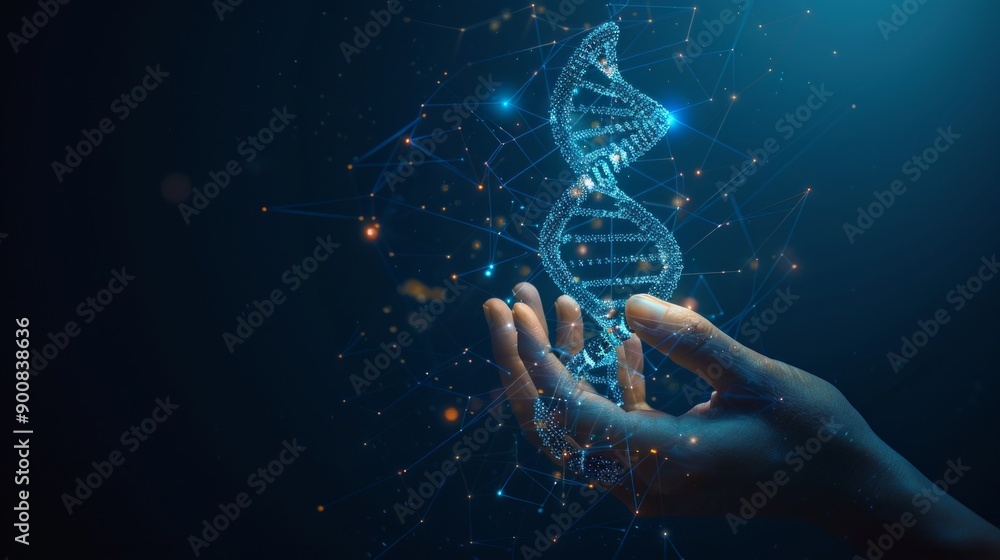 Abstract hologram of DNA helix in a hand on a blue background, Digital ...