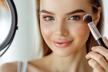 Wall Mural - Close up of woman applying makeup in mirror, candid beauty routine captured in detail