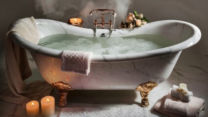 Sticker - A bathtub filled with water and candles on a marble counter, AI